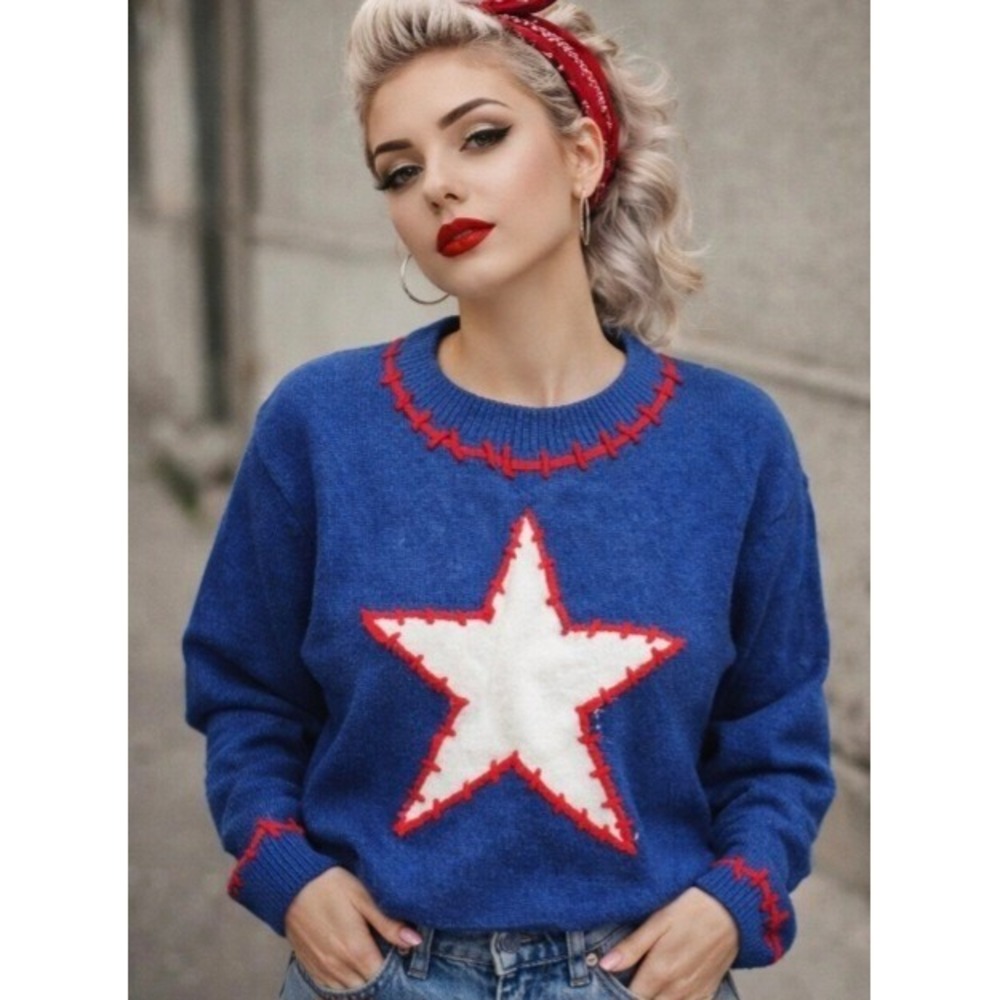 BiBi Blue Star Knit Sweater Red Contrast Stitching Crew Neck IT1859-01 Large NEW